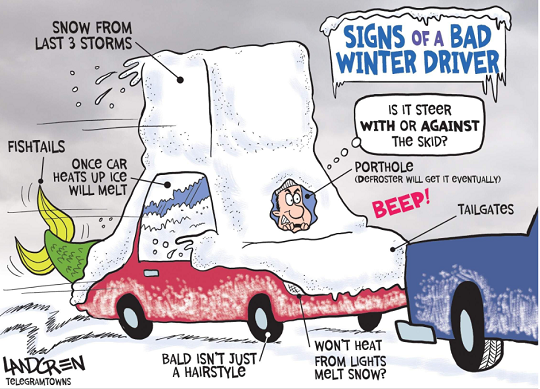 Cartoon of driver with snow piled on top of car