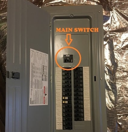 circuit breaker box with main switch identified